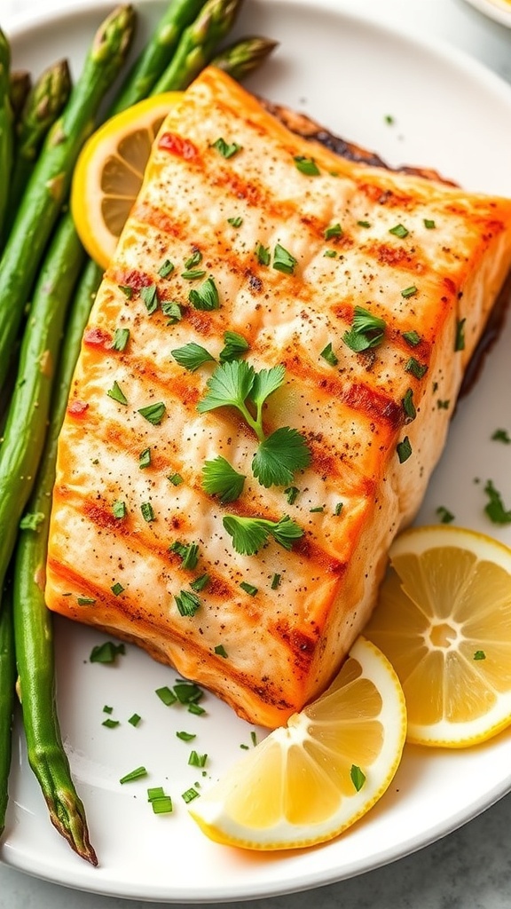 Grilled salmon fillet with herbs and lemon wedges on a plate, served with asparagus.